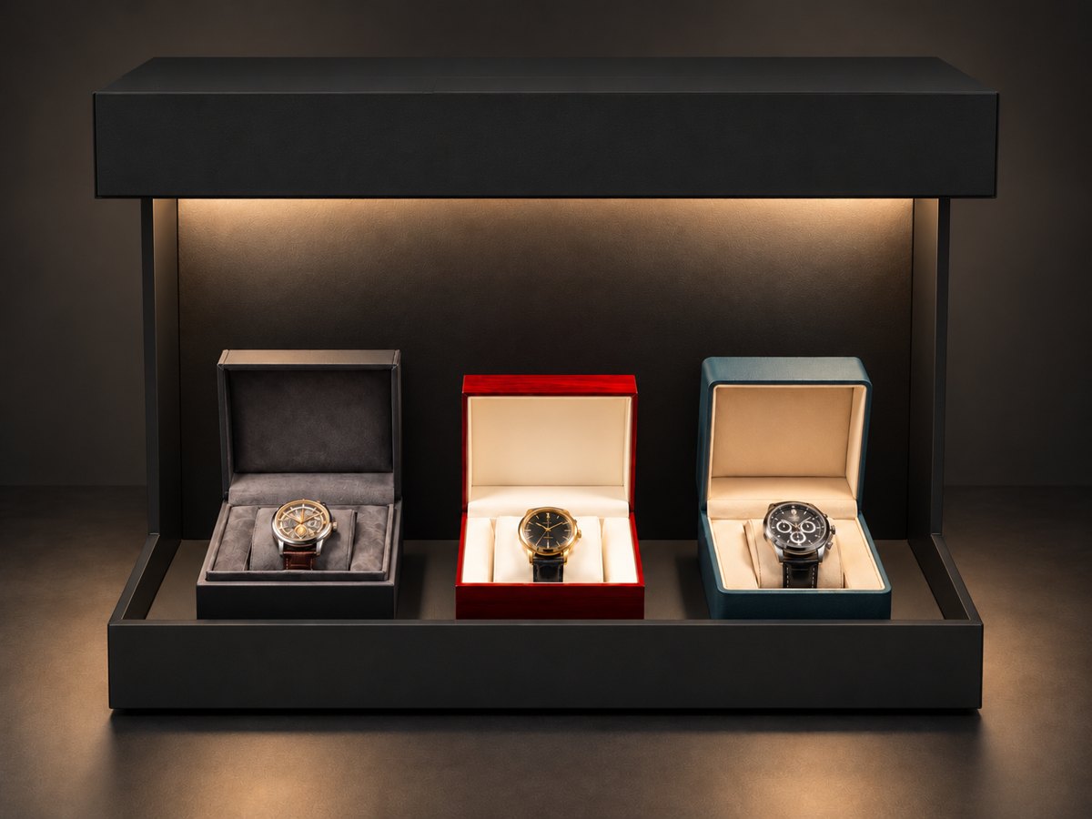 Model D, a black architectural frame with warm light washing over three watches in presentation boxes